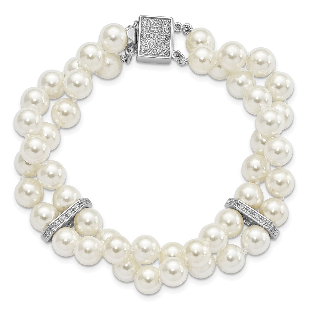 Majestik Sterling Silver Rhodium-plated 7-8mm White Imitation Shell Pearl and CZ Hand-knotted Bracelet QMJB270W-7.5