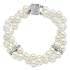 Majestik Sterling Silver Rhodium-plated 7-8mm White Imitation Shell Pearl and CZ Hand-knotted Bracelet QMJB270W-7.5
