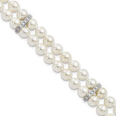 Majestik Sterling Silver Rhodium-plated 7-8mm White Imitation Shell Pearl and CZ Hand-knotted Bracelet QMJB270W-7.5