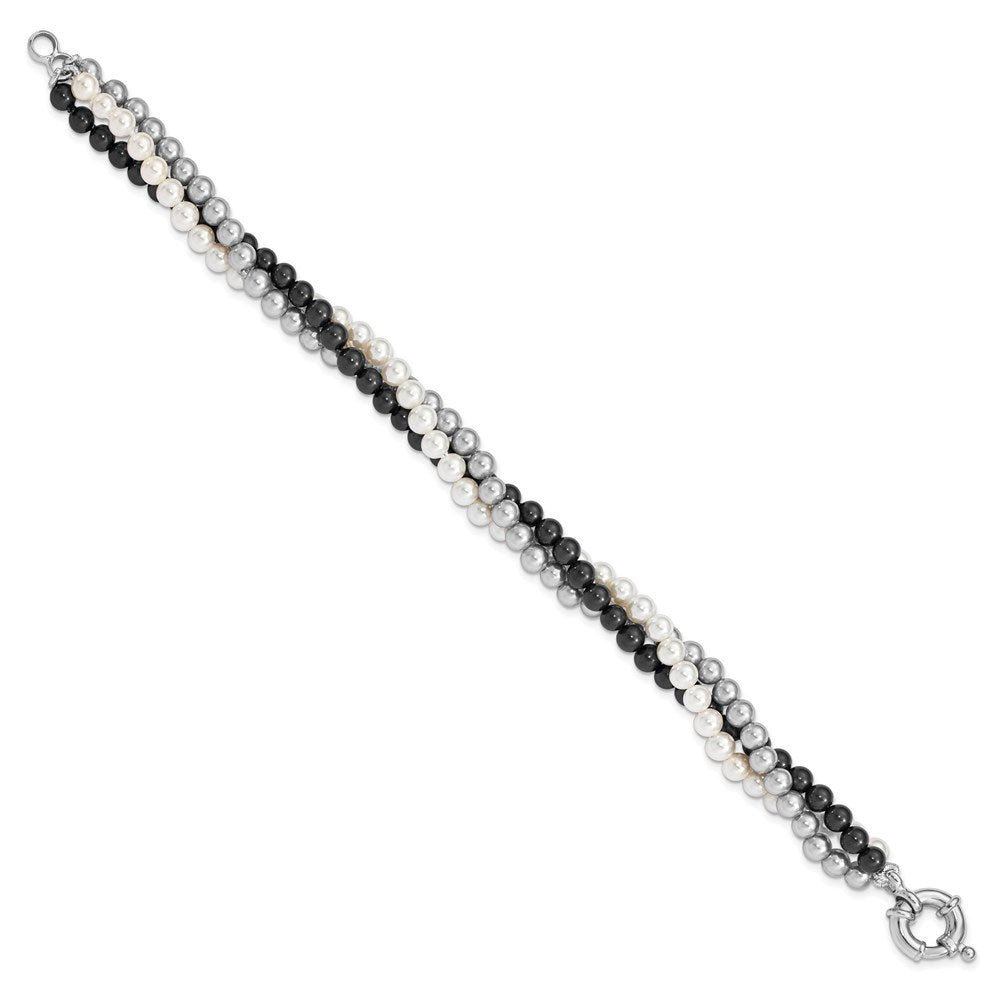 Majestik Sterling Silver Rhodium-plated 3 Row 4-5mm White Grey Black Imitation Shell Pearl Hand-knotted Bracelet QMJB340WGB-7.5