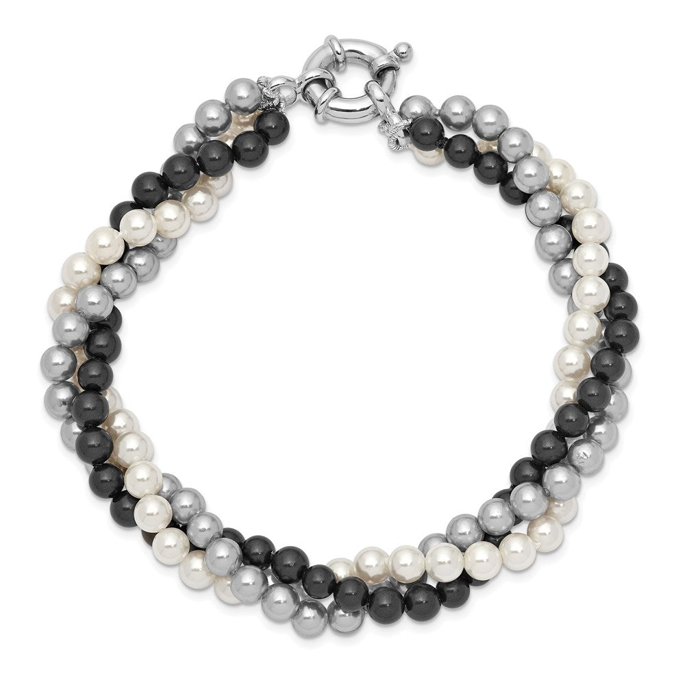 Majestik Sterling Silver Rhodium-plated 3 Row 4-5mm White Grey Black Imitation Shell Pearl Hand-knotted Bracelet QMJB340WGB-7.5