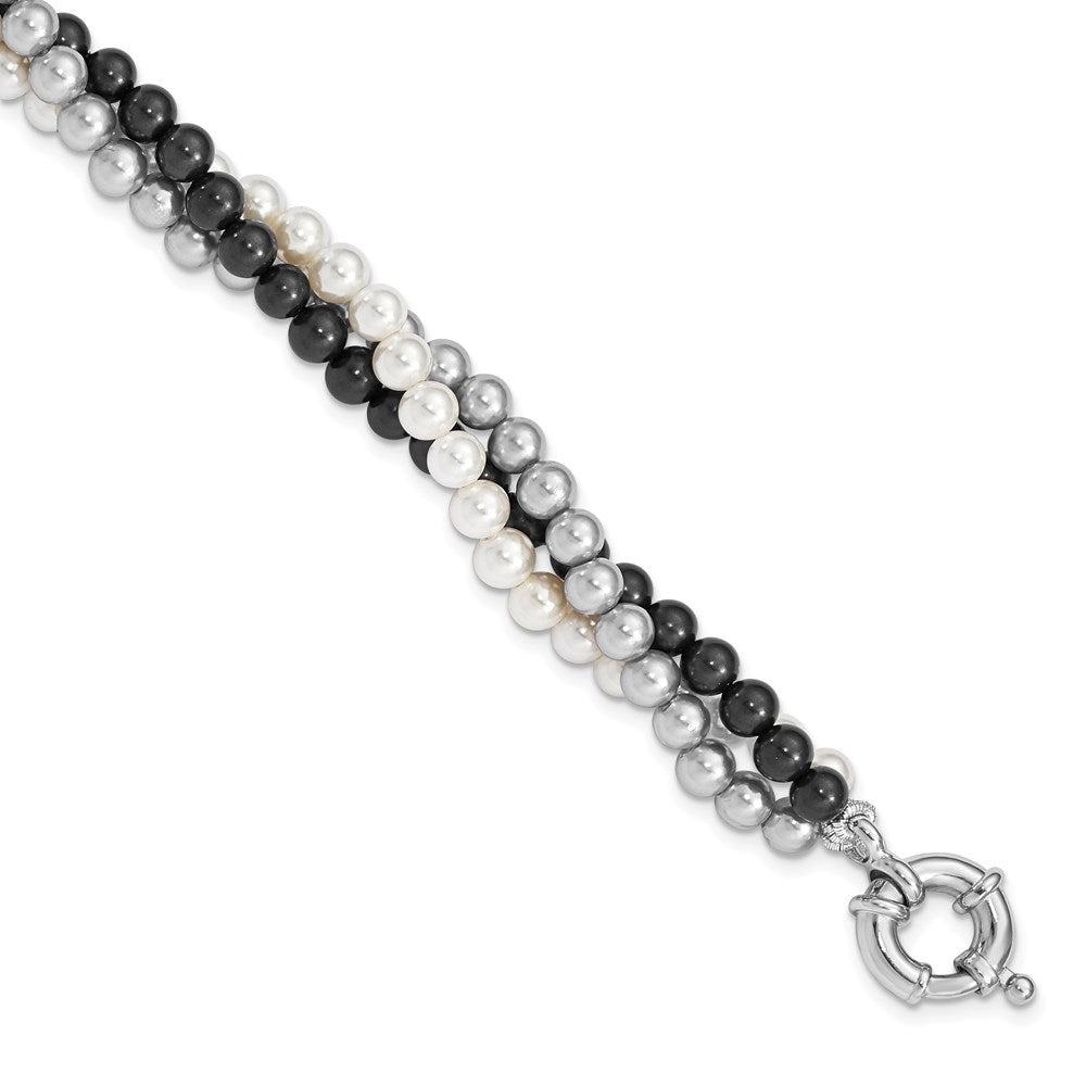 Majestik Sterling Silver Rhodium-plated 3 Row 4-5mm White Grey Black Imitation Shell Pearl Hand-knotted Bracelet QMJB340WGB-7.5