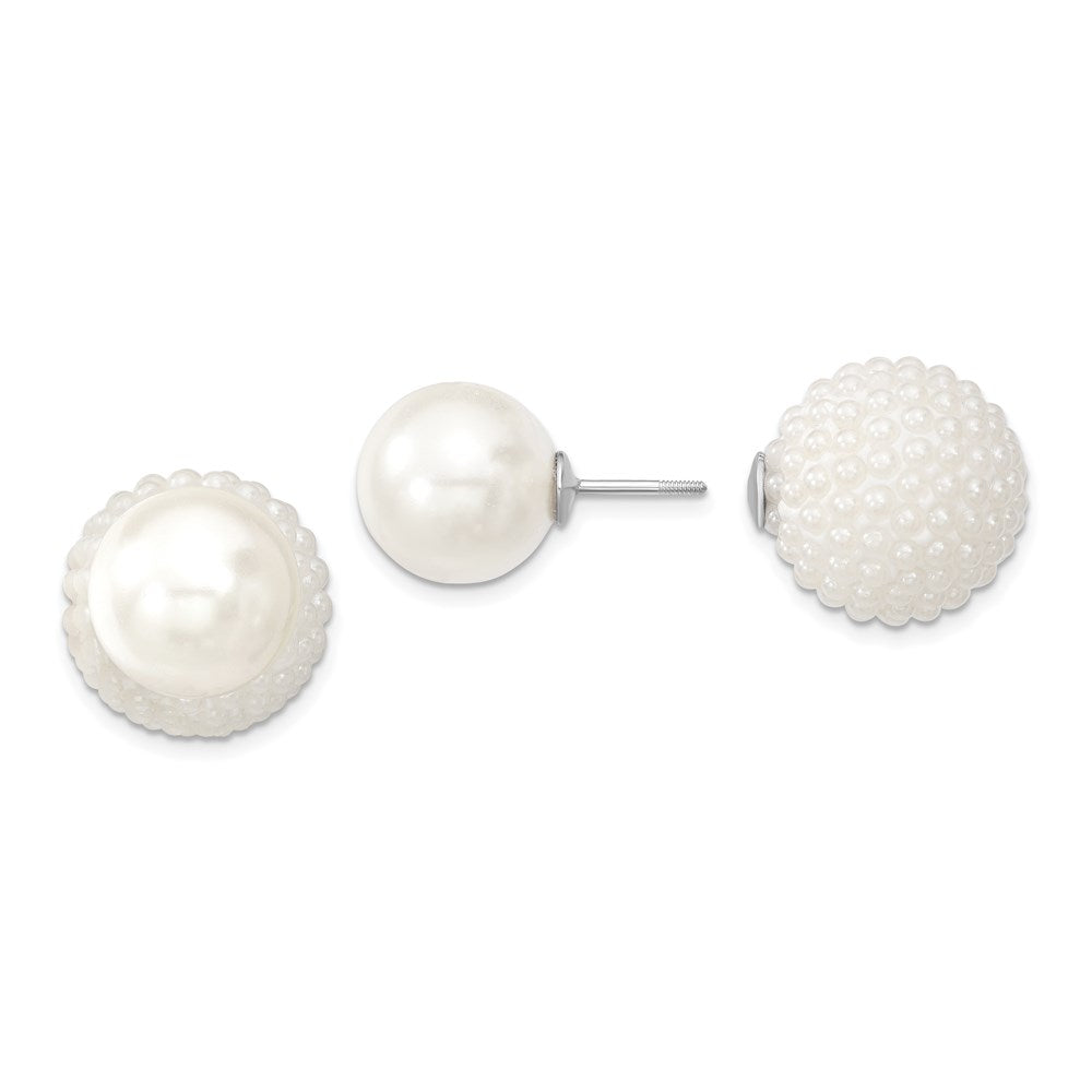QMJD1216WW Majestik Sterling Silver Rhodium-plated 11-12mm and 15-16mm White with White Imitation Shell Pearl Front Back Post Earrings