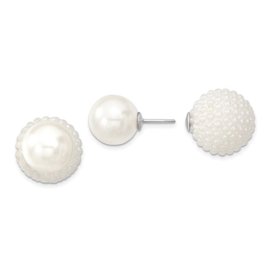 QMJD1216WW Majestik Sterling Silver Rhodium-plated 11-12mm and 15-16mm White with White Imitation Shell Pearl Front Back Post Earrings