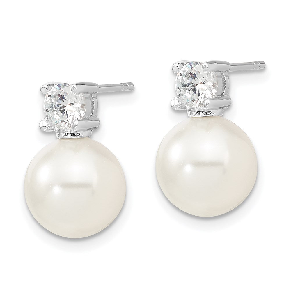QMJE105W Majestik Sterling Silver Rhodium-plated 10-11mm White Imitation Shell Pearl and CZ Post Earrings
