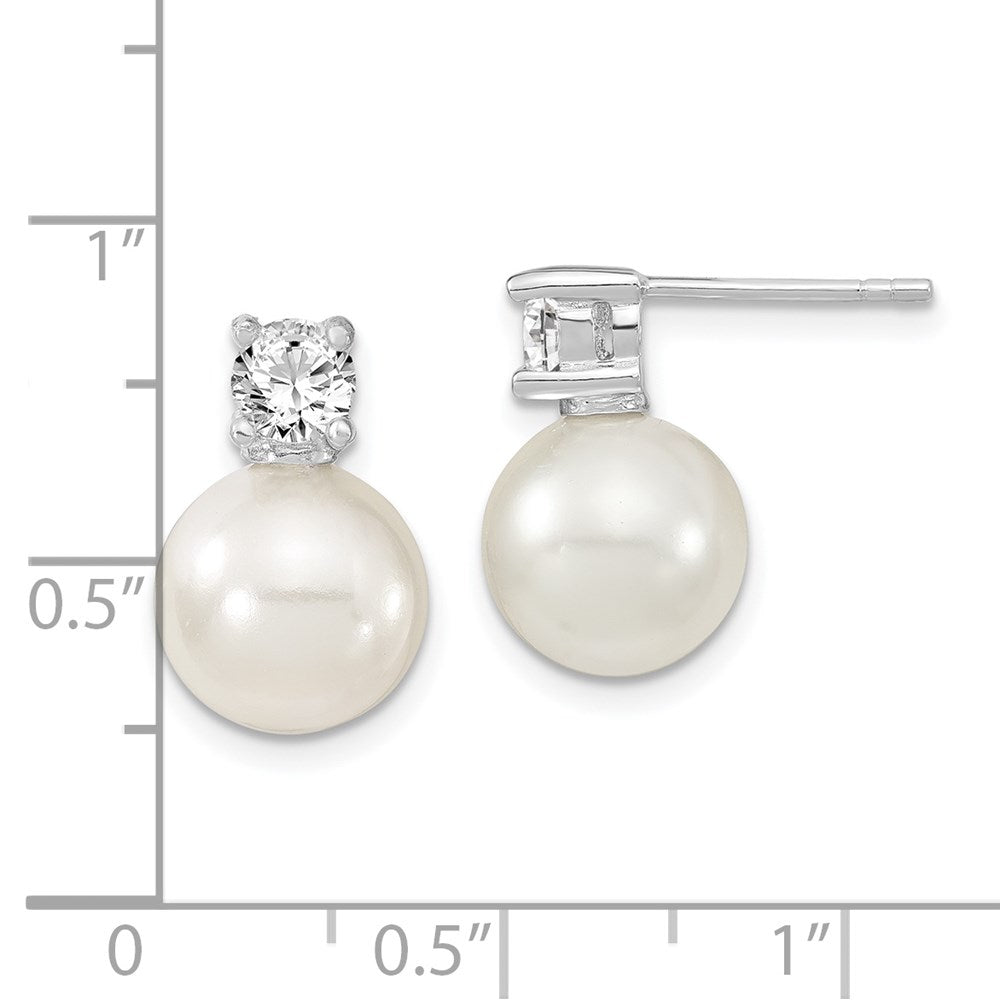 QMJE105W Majestik Sterling Silver Rhodium-plated 10-11mm White Imitation Shell Pearl and CZ Post Earrings