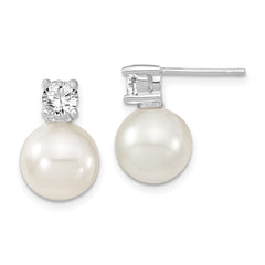 QMJE105W Majestik Sterling Silver Rhodium-plated 10-11mm White Imitation Shell Pearl and CZ Post Earrings