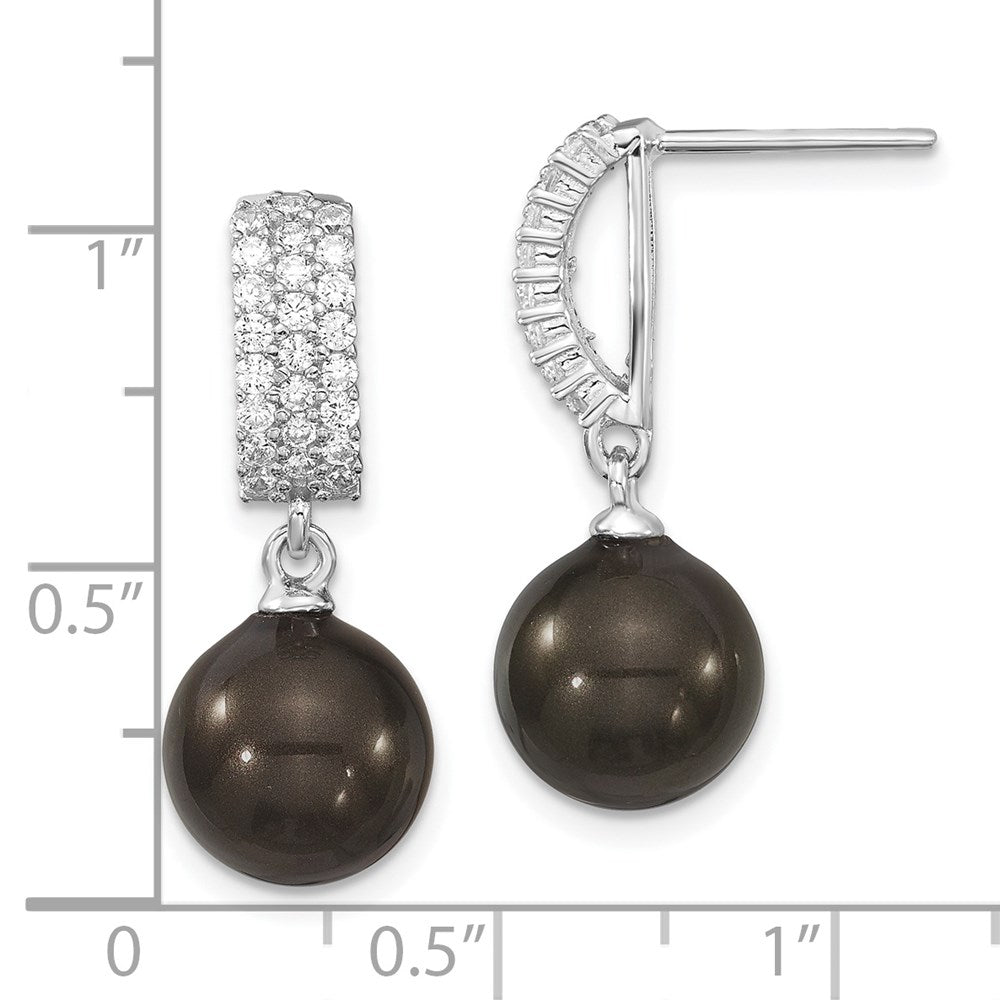 QMJE109B Majestik Sterling Silver Rhodium-plated 10-11mm Black Imitation Shell Pearl and CZ Post Dangle Earrings