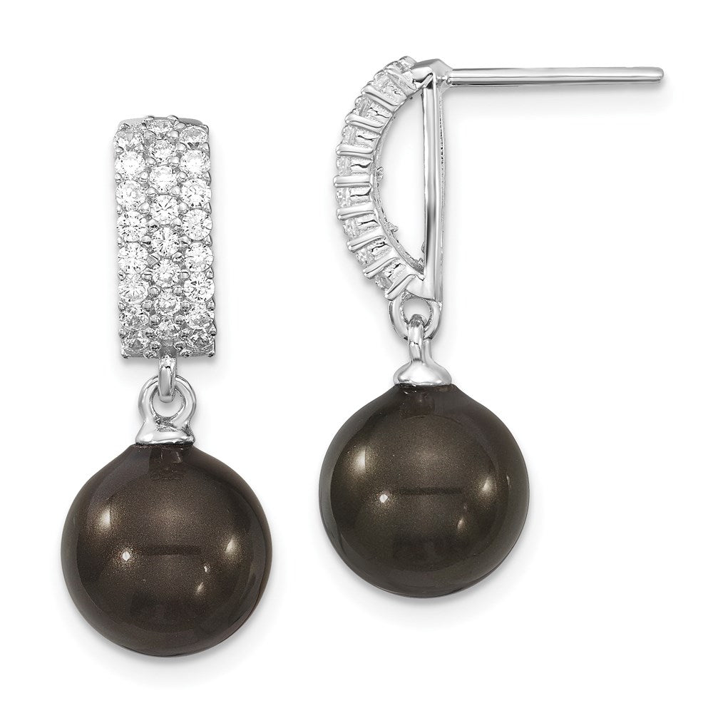 QMJE109B Majestik Sterling Silver Rhodium-plated 10-11mm Black Imitation Shell Pearl and CZ Post Dangle Earrings
