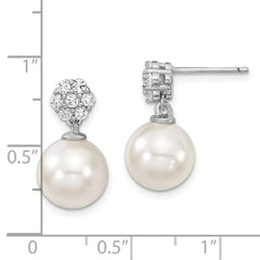 QMJE112W Majestik Sterling Silver Rhodium-plated 10-11mm White Imitation Shell Pearl CZ Post Dangle Earrings
