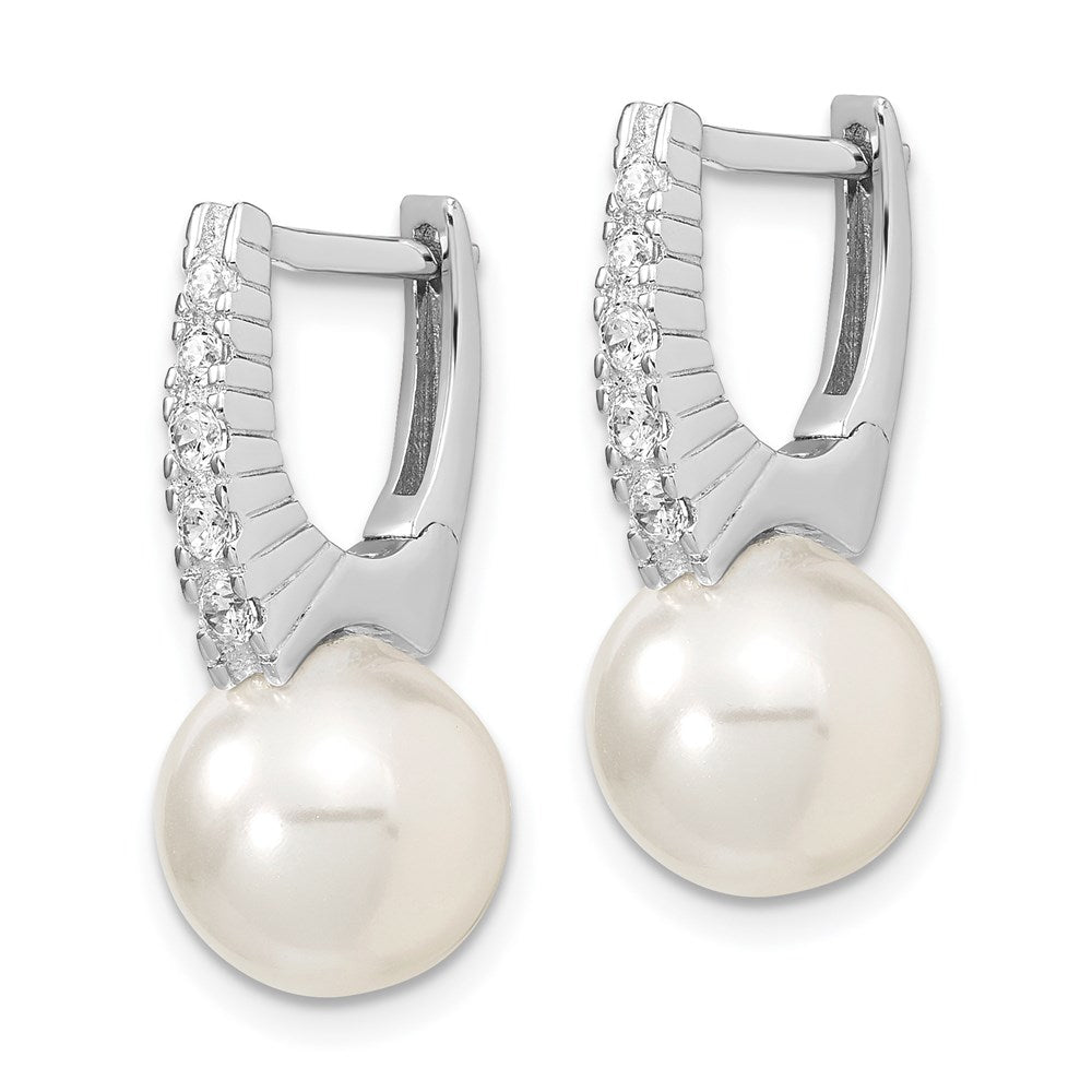 QMJE115W Majestik Sterling Silver Rhodium-plated 10-11mm White Imitation Shell Pearl CZ Hinged Post Dangle Earrings