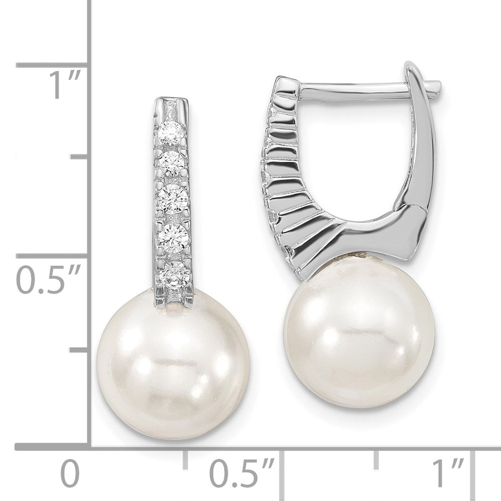 QMJE115W Majestik Sterling Silver Rhodium-plated 10-11mm White Imitation Shell Pearl CZ Hinged Post Dangle Earrings
