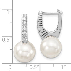 QMJE115W Majestik Sterling Silver Rhodium-plated 10-11mm White Imitation Shell Pearl CZ Hinged Post Dangle Earrings