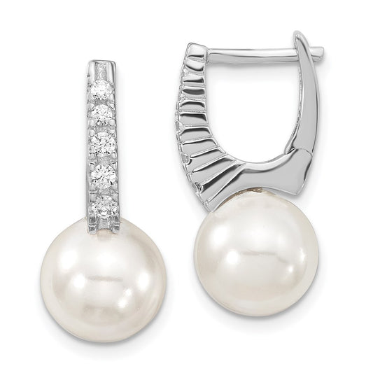 QMJE115W Majestik Sterling Silver Rhodium-plated 10-11mm White Imitation Shell Pearl CZ Hinged Post Dangle Earrings