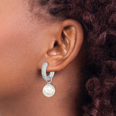 QMJE121BW Majestik Sterling Silver Rhodium-plated CZ 12-13mm Black and White Interchangeable Shell Pearl Hinged Hoop Earrings