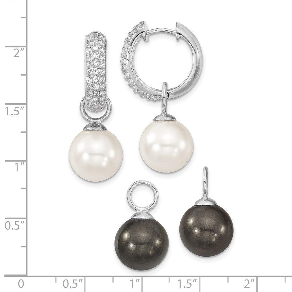 QMJE121BW Majestik Sterling Silver Rhodium-plated CZ 12-13mm Black and White Interchangeable Shell Pearl Hinged Hoop Earrings