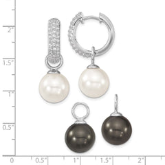 QMJE121BW Majestik Sterling Silver Rhodium-plated CZ 12-13mm Black and White Interchangeable Shell Pearl Hinged Hoop Earrings