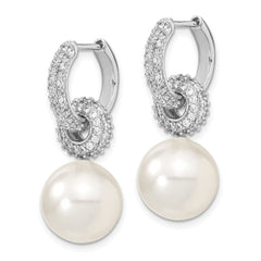 QMJE122W Majestik Sterling Silver Rhodium-plated 12-13mm White Imitation Shell Pearl Dangle Endless CZ Hoop Earrings