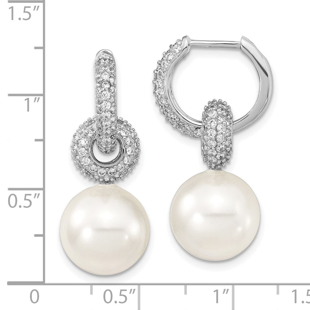 QMJE122W Majestik Sterling Silver Rhodium-plated 12-13mm White Imitation Shell Pearl Dangle Endless CZ Hoop Earrings