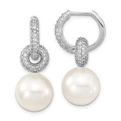 QMJE122W Majestik Sterling Silver Rhodium-plated 12-13mm White Imitation Shell Pearl Dangle Endless CZ Hoop Earrings