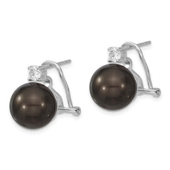 QMJE123B Majestik Sterling Silver Rhodium-plated 12-13mm Black Imitation Shell Pearl and CZ Omega Back Earrings