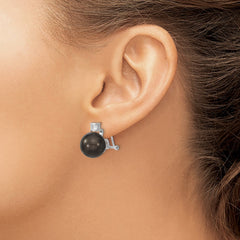 QMJE123B Majestik Sterling Silver Rhodium-plated 12-13mm Black Imitation Shell Pearl and CZ Omega Back Earrings