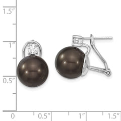 QMJE123B Majestik Sterling Silver Rhodium-plated 12-13mm Black Imitation Shell Pearl and CZ Omega Back Earrings