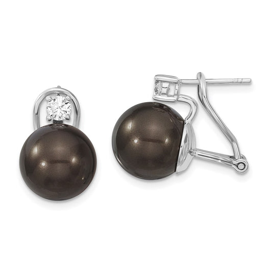 QMJE123B Majestik Sterling Silver Rhodium-plated 12-13mm Black Imitation Shell Pearl and CZ Omega Back Earrings