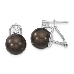 QMJE123B Majestik Sterling Silver Rhodium-plated 12-13mm Black Imitation Shell Pearl and CZ Omega Back Earrings