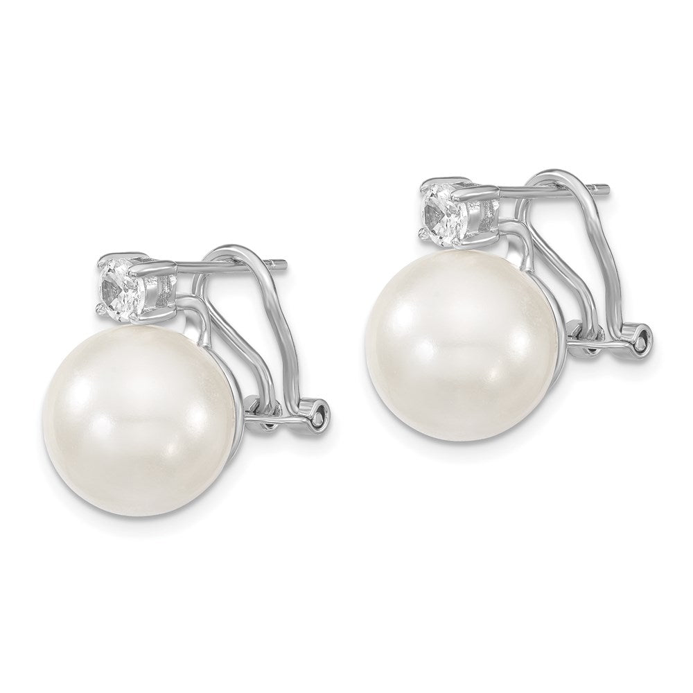 QMJE123W Majestik Sterling Silver Rhodium-plated 12-13mm White Shell Imitation Pearl and Clear CZ Omega Back Post Earrings