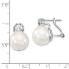 QMJE123W Majestik Sterling Silver Rhodium-plated 12-13mm White Shell Imitation Pearl and Clear CZ Omega Back Post Earrings
