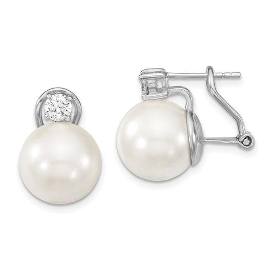 QMJE123W Majestik Sterling Silver Rhodium-plated 12-13mm White Shell Imitation Pearl and Clear CZ Omega Back Post Earrings