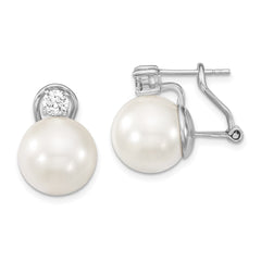QMJE123W Majestik Sterling Silver Rhodium-plated 12-13mm White Shell Imitation Pearl and Clear CZ Omega Back Post Earrings
