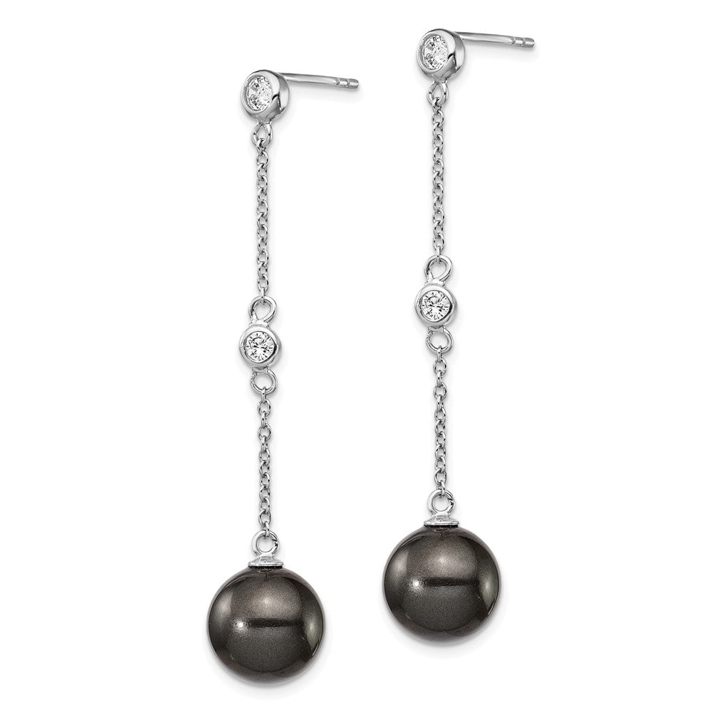 QMJE127B Majestik Sterling Silver Rhodium-plated CZ Bezel and 10-11mm Black Imitation Shell Pearl Post Dangle Earrings