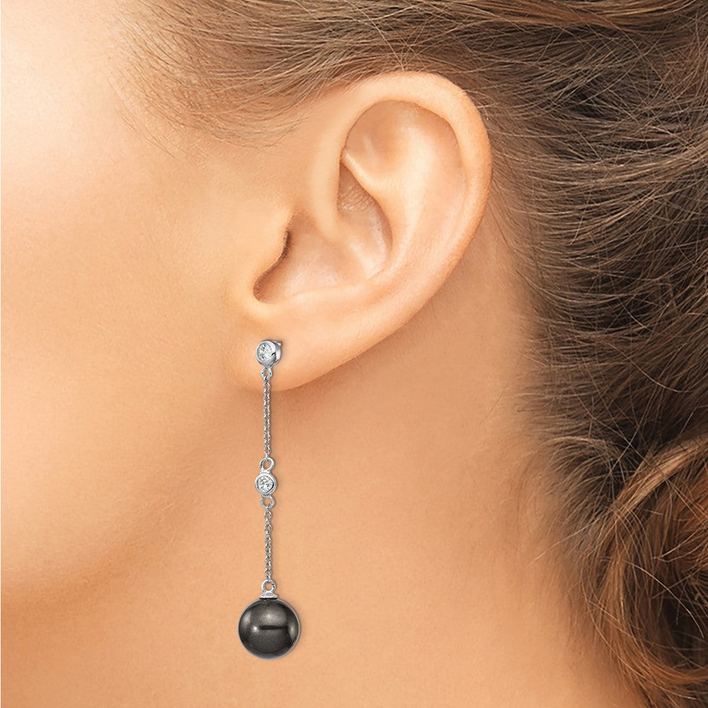 QMJE127B Majestik Sterling Silver Rhodium-plated CZ Bezel and 10-11mm Black Imitation Shell Pearl Post Dangle Earrings