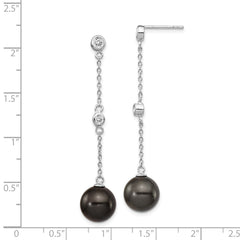 QMJE127B Majestik Sterling Silver Rhodium-plated CZ Bezel and 10-11mm Black Imitation Shell Pearl Post Dangle Earrings