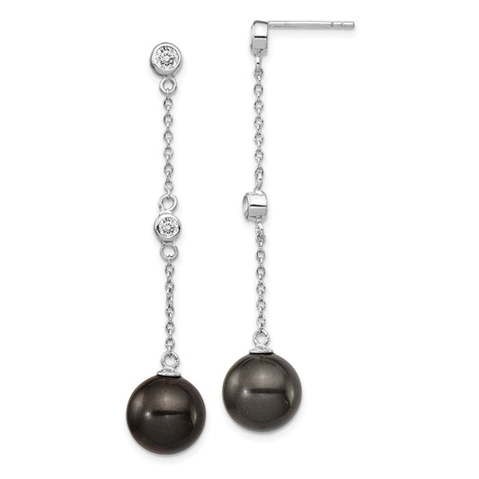 QMJE127B Majestik Sterling Silver Rhodium-plated CZ Bezel and 10-11mm Black Imitation Shell Pearl Post Dangle Earrings
