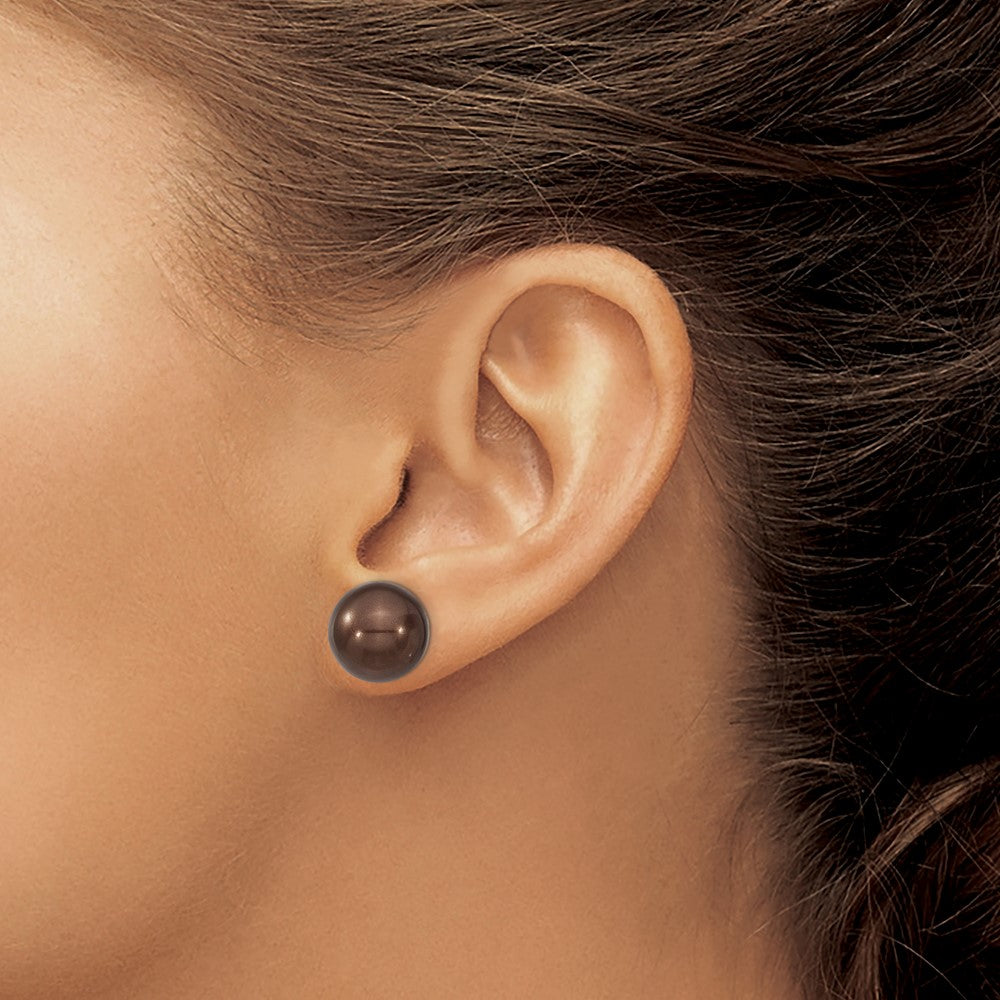 QMJE12C Majestik Sterling Silver Rhodium-plated 12-13mm Brown Imitation Shell Pearl Stud Earrings