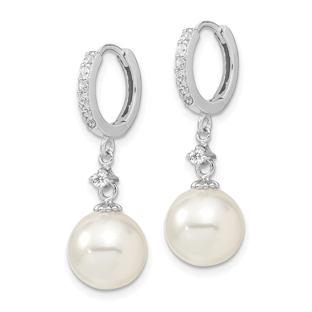 QMJE142W Majestic Sterling Silver Rhodium-plated 10-11mm White Imitation Shell Pearl CZ Hinged Hoop Dangle Earrings