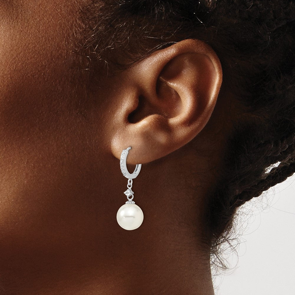 QMJE142W Majestic Sterling Silver Rhodium-plated 10-11mm White Imitation Shell Pearl CZ Hinged Hoop Dangle Earrings