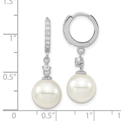QMJE142W Majestic Sterling Silver Rhodium-plated 10-11mm White Imitation Shell Pearl CZ Hinged Hoop Dangle Earrings