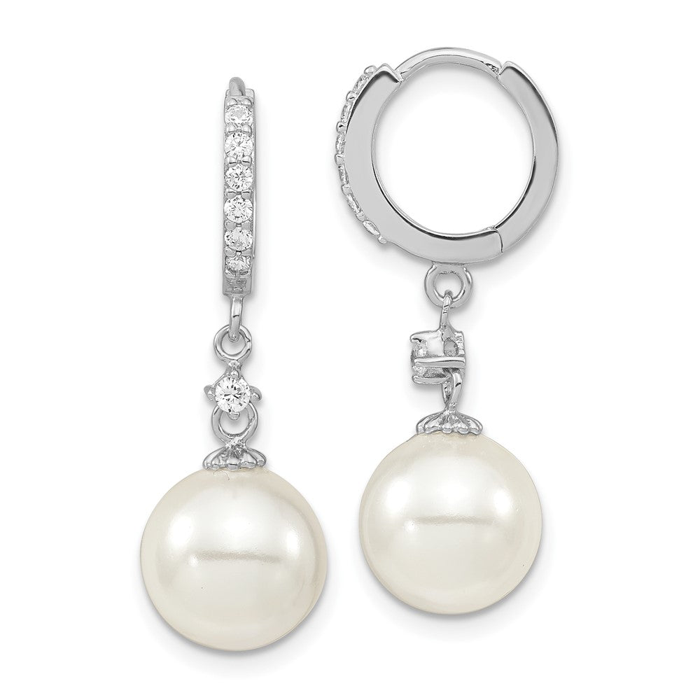 QMJE142W Majestic Sterling Silver Rhodium-plated 10-11mm White Imitation Shell Pearl CZ Hinged Hoop Dangle Earrings