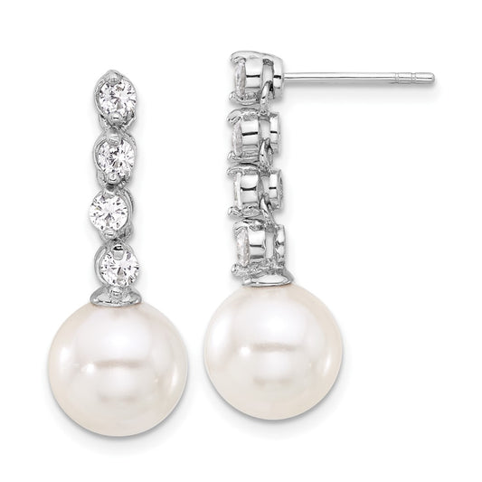 QMJE143W Sterling S Majestik RH-pl 10-11mm Wht Imit Shell Pearl/CZ Dangle Earrings