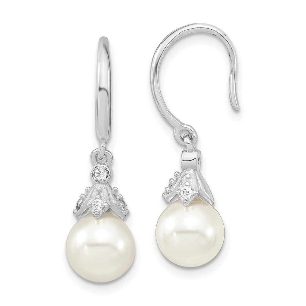 QMJE805W Majestic Sterling Silver Rhodium-plated 8-9mm White Imitation Shell Pearl CZ Dangle Earrings
