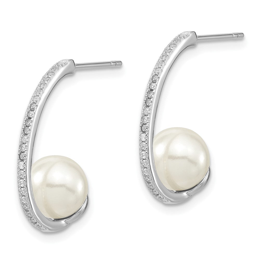 QMJE807W Majestic Sterling Silver Rhodium-plated 8-9mm White Imitation Shell Pearl CZ J-Hoop Post Earrings