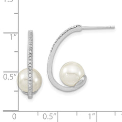 QMJE807W Majestic Sterling Silver Rhodium-plated 8-9mm White Imitation Shell Pearl CZ J-Hoop Post Earrings