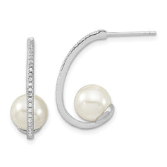 QMJE807W Majestic Sterling Silver Rhodium-plated 8-9mm White Imitation Shell Pearl CZ J-Hoop Post Earrings