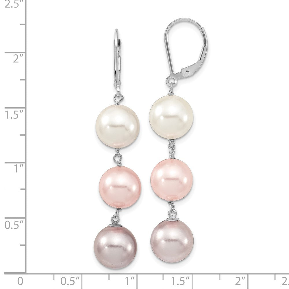 QMJEL131WPPU Majestic Sterling Silver Rhodium-plated 10-11mm White Pink and Purple Imitation Shell Pearl Leverback Dangle Earrings