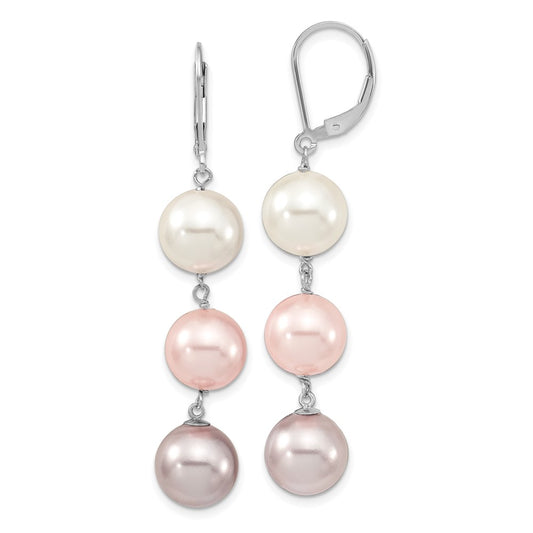 QMJEL131WPPU Majestic Sterling Silver Rhodium-plated 10-11mm White Pink and Purple Imitation Shell Pearl Leverback Dangle Earrings