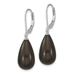 QMJET10B Majestik Sterling Silver Rhodium-plated 10x18mm Teardrop Black Imitation Shell Pearl Leverback Dangle Earrings